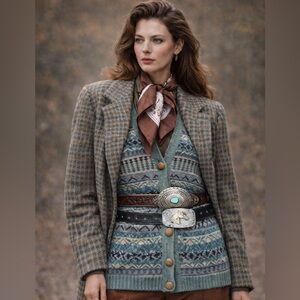 VTG 80s 90s Woods & Gray Sage Green, Gray, Beige Nordic Fair Isle Cardigan, M